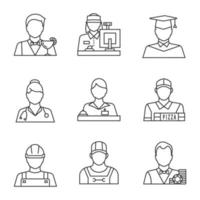 conjunto de iconos lineales de profesiones. barman, cajero, estudiante de posgrado, médico, recepcionista, repartidor de pizzas, albañil, croupier. símbolos de contorno de línea delgada. Ilustraciones de vectores aislados