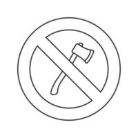 Forbidden sign with axe linear icon. No deforestation prohibition. Thin line illustration. Contour symbol. Vector isolated outline drawing