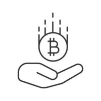 Open hand with bitcoin linear icon. Cryptocurrency. Thin line illustration. Saving money. Contour symbol. Vector isolated outline drawing