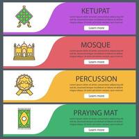 Islamic culture web banner templates set. Ketupat, mosque, daf, praying mat. Website color menu items. Vector headers design concepts