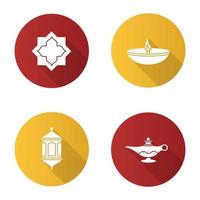 Islamic culture flat design long shadow glyph icon. Muslim star, lantern, oil lamps. Vector silhouette illustration