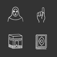 Islamic culture chalk icons set. Muslim woman, god gesture, kaaba, quran book. Isolated vector chalkboard illustrations