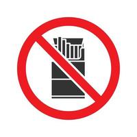 Forbidden sign with pack of cigarettes glyph icon. Stop silhouette symbol. No smoking prohibition. Negative space. Vector isolated illustration