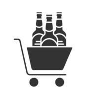 Shopping cart with beer bottles glyph icon. Silhouette symbol. Buying alcohol. Negative space. Vector isolated illustration