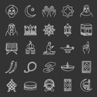 conjunto de iconos de tiza de cultura islámica. atributos musulmanes. simbolismo de la religión. Ilustraciones de vector pizarra