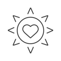 Sun with heart linear icon. Solar energy safety. Thin line illustration. Nature care. Contour symbol. Vector isolated outline drawing