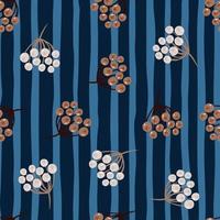 Beige and grey cartoon sorbus berry seamless doodle pattern. Navy blue striped background. vector