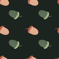 Minimalistic seamless pattern with forest green and pink autumn ornament. Black background. vector