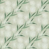 Botanic seamless pattern with hand drawn abstract dandelions. White flowers with green foliage on pastel beige background. vector