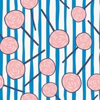 Random bright summer seamless candy pattern. Pink lollipops on white background with blue strips. vector