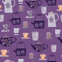 Grey and orange tea ceremony seamless pattern. Doodle cups and teapots ornament on purple background. vector