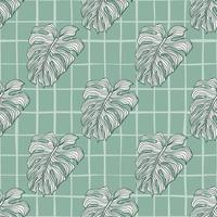 Green outline contoured seamless pattern with doodle monstera shapes print. Chequered background. vector
