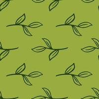 Green colored seamless botanic pattern with simple outline contoured leaf branches. Natue print. vector