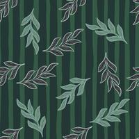 Random dark herbal seamless pattern with outline branches elements. Green striped background. Simple style. vector