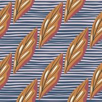 Brown autumn season geometric leaf shapes print. Navy blue striped background. Nature ornament. vector