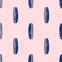 Eclair doodle ornament seamless stylized pattern. Navy blue outline delicious cartoon bakery on light pink background. vector