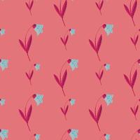 Blue campanula flower silouettes seamless doodle pattern. Stylized nature print on pink background. Flora ornament. vector