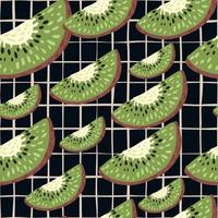 Random seamless abstract pattern with green kiwi slices elements. Black chequered background. vector