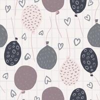 Colorful balloons seamless pattern with heart outline details. Light chequered background. vector
