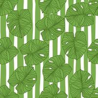 Random seamless botanic pattern with green outline monstera leaves silhouettes. White and green striped background. vector