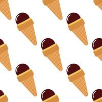 Isolated seamless ice cream with chocolate glaze and waffle cone pattern. White background. vector