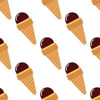 Isolated seamless ice cream with chocolate glaze and waffle cone pattern. White background. vector