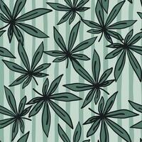 Random drug ornament seamless pattern. Black contour cannabis leaves with blue stripped background. vector