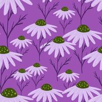 Bloom seamless pattern with random chamomile flowers elements. Purple pastel background. Doodle print. vector