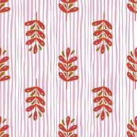 Seamless pattern with doodlegeometric leaf branches. Stripes background. Simple style. vector