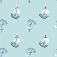 Seamless pattern in sea style with sailbot ship silhouettes. Blue background. Pastel colored ornament. vector