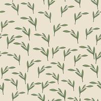 Decorative seamless pattern with little green random leaf branches ornament. Grey background. Simple print. vector