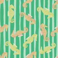 Seamless random pattern with abstract little yellow and orange colored seahorse priint. Striped green background. vector