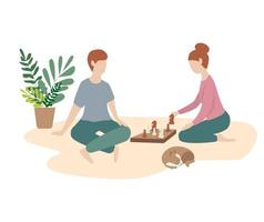 mujer y hombre juegan al ajedrez juntos. juego familiar, fin de semana, ambiente hogareño. vector
