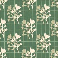 Simple seamless pattern with flowers silhouettes in light pink colors. Green background with check. vector
