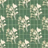 Simple seamless pattern with flowers silhouettes in light pink colors. Green background with check. vector