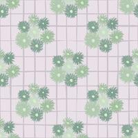 Pale botanic seamless pattern with chrysanthemum silhouettes. Green flowers on pastel light background with check. vector