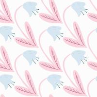 Isolated seamless pattern with stylized campanula simple elements. Scandinavian flowers ornament in blue and pink tones on white background. vector