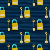 Seamless vintage pattern with lock and keys simple ornament. Victorian yellow print on navy blue stripped bakground. vector