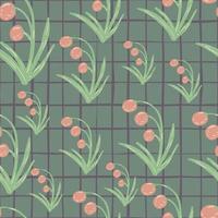 Random seamless pattern with doodle pink forest berries. Grey background with check. Hand drawn wild botanic print. vector