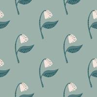 Campanula flower silhouettes seamless pattern. Spring stylized floral print with light buds and soft blue background. vector