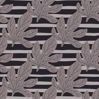 Season fall seamless pattern with dark grey outline leaf elements. Striped background. vector