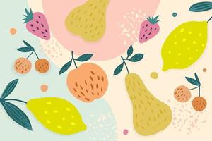 fondo de garabatos de frutas saludables. pancarta de frutas de verano con pera, manzana, cereza, fresa, limón. vector