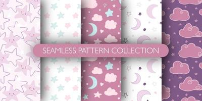 Set of cute seamless pattern for baby. Stars, cloud, moon pattern collection. vector