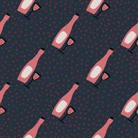 Dark seamless pattern with doodle wine ornament. Pink bottle and glass on dotted background. vector