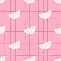 Tender white slices doodle seamless pattern. Soft pink background with check. Sweet print. vector