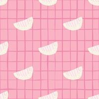 Tender white slices doodle seamless pattern. Soft pink background with check. Sweet print. vector