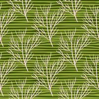 Hand drawn seamless pattern with light tones tree branches elements. Green striped background. Simple style. vector