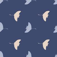 Ocean seamless pattern with minimalistic stingray shapes. Navy blue pale background. Simple style. vector