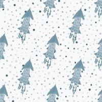 Isolated seamless doodle space pattern. Rockets blue silhouettes on white background with dots. vector