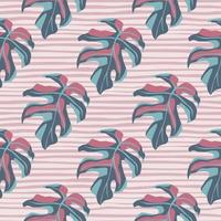 Hand drawn stylized seamless monstera pattern. Simple leaf silhouettes in pastel blue and pink tones on light stripped background. vector